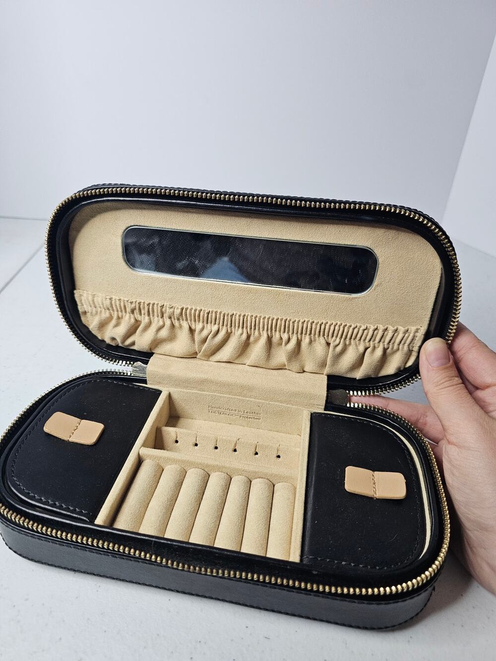 WOLF Est 1834 Black Leather Laser Cut Travel Jewelry Portfolio Case Mirror